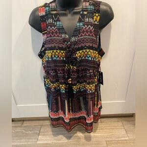 New Nwt Allen B Black Pink Yellow Aztec Sleeveless Popover Blouse Size Xs Small)